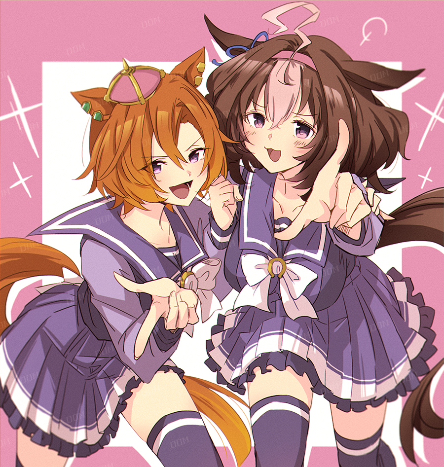 2girls, ahoge, animal_ears, blush, bow, bowtie, breasts, brown_hair