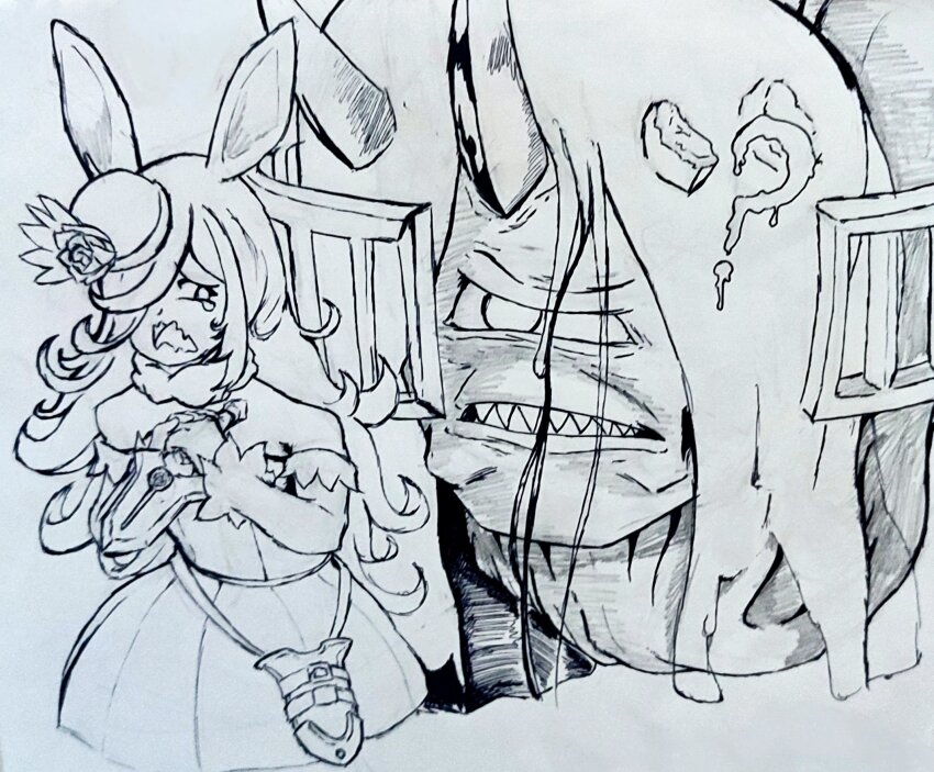 1girl, 1other, animal_ears, confused, cyclops, dagger, dress, fangs, hat, highres, holding, holding_dagger, holding_knife, holding_weapon, horns, horse_ears, interrogation, knife, long_hair, monochrome, one-eyed, one_eye_covered, rice_shower_(umamusume), shawarmaslayer, sheath, spoil_(undead_unluck), teardrop, traditional_media, umamusume, undead_unluck, weapon