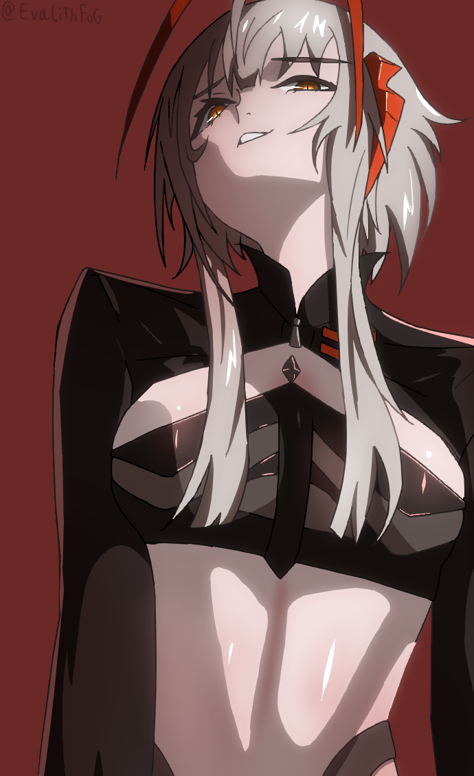 1girl, ahoge, antennae, arknights, artist_name, breasts, demon_girl, demon_horns