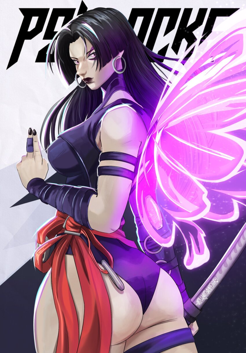 1girl, ass, black_hair, butterfly_wings, character_name, commentary, curvy, english_commentary