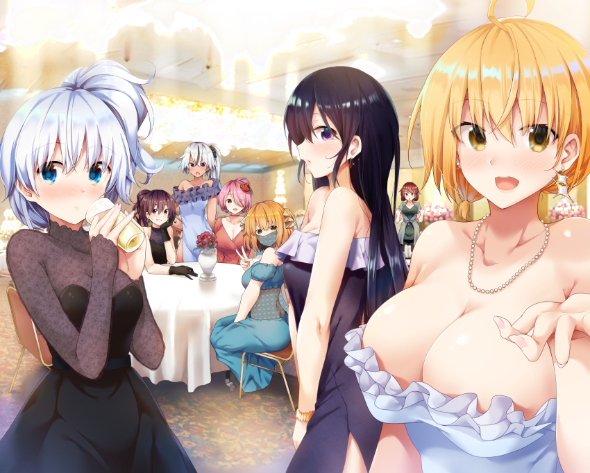 6+girls, bare_shoulders, bead_necklace, beads, black_dress, black_gloves, black_hair, blonde_hair, blue_dress, blue_eyes, blush, breasts, cleavage, closed_mouth, collarbone, commentary_request, cup, dokyuu_hentai_hxeros, dress, enjou_retto, eyes_visible_through_hair, genderswap, genderswap_(mtf), glass, gloves, grey_hair, hair_between_eyes, hair_over_one_eye, hair_up, hands_up, highres, holding, holding_cup, hoshino_kirara, indoors, jewelry, large_breasts, long_hair, looking_at_viewer, looking_to_the_side, mask, medium_breasts, momozono_momoka, mouth_mask, multiple_girls, murasame_shiko, necklace, official_art, open_mouth, pink_hair, purple_eyes, red_dress, red_hair, ryouma_(galley), shirayuki_maihime, short_hair, sitting, sleeveless, sleeveless_dress, smile, standing, strapless, strapless_dress, table, tenkuuji_sora, v, vase, wakakusa_moena, white_dress, yellow_eyes, yoitsuki_shou