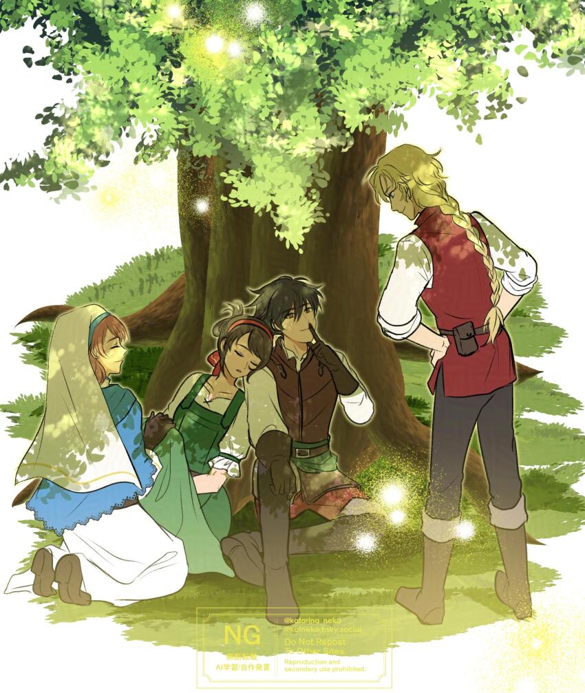 2boys, 2girls, absurdres, black_hair, black_pants, blanket, blonde_hair, blue_shawl