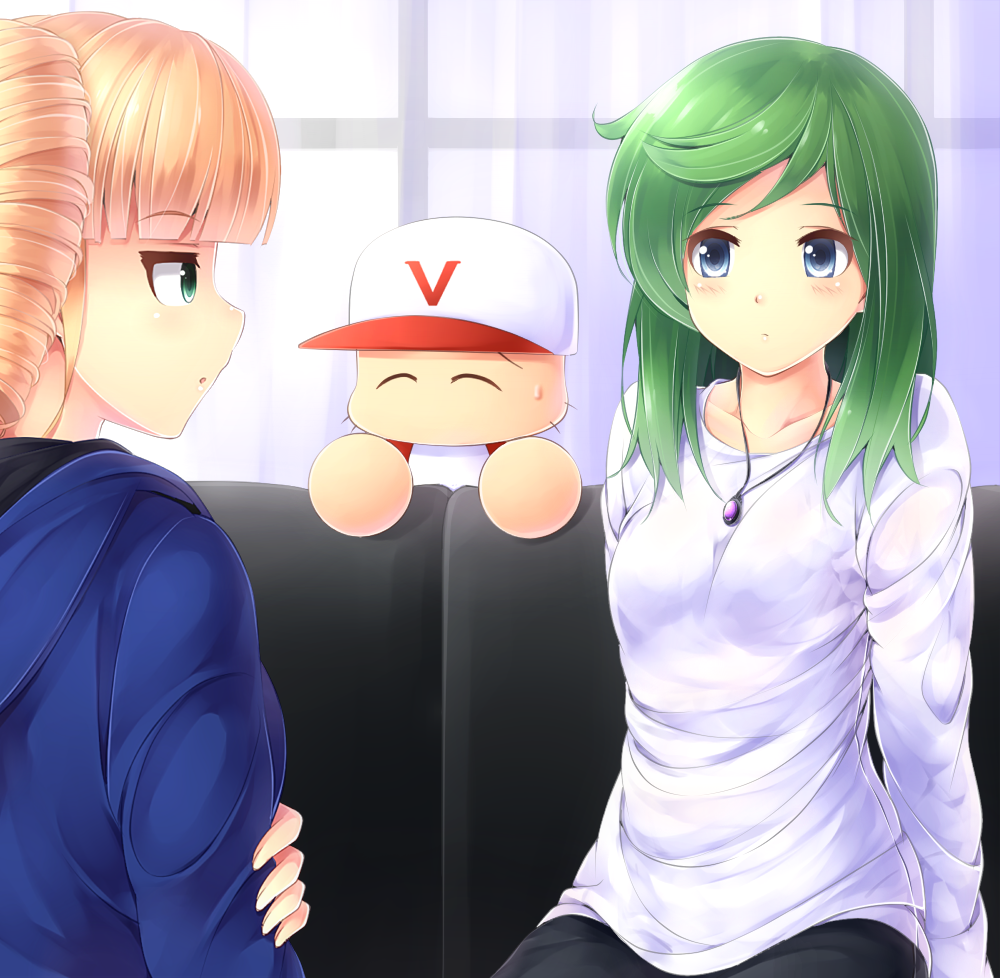 1boy, 2girls, baseball_cap, black_pants, blonde_hair, blue_eyes, blue_hoodie, bow