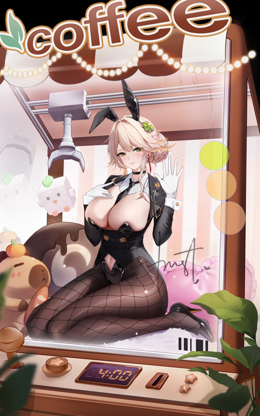 1girl, absurdres, ade_(agent_bunny)_(nikke), ade_(nikke), against_glass, animal_ear_hairband, animal_ears, baige_chen, between_breasts, black_background, black_choker, black_leotard, black_necktie, black_shrug, blonde_hair, blurry, blush, braid, breasts, brown_pantyhose, bun_with_braided_base, chinese_commentary, choker, cleavage, clothing_cutout, clover_hair_ornament, commentary_request, controller, covered_navel, crane_(machine), depth_of_field, earpiece, fake_animal_ears, fishnet_pantyhose, fishnets, four-leaf_clover_hair_ornament, frilled_pillow, frills, gloves, goddess_of_victory:_nikke, green_eyes, hair_between_eyes, hair_bun, hair_intakes, hair_ornament, hairband, hand_on_glass, hand_on_own_chest, hand_up, heart, heart-shaped_pillow, high_heels, highres, in_crane_game, joystick, large_breasts, legs, legs_folded, leotard, light_particles, long_hair, long_sleeves, looking_at_viewer, navel_cutout, necktie, necktie_between_breasts, official_alternate_costume, pantyhose, parted_lips, pillow, plant, rabbit_ear_hairband, rabbit_ears, shrug_(clothing), sidelocks, signature, sitting, sleeve_cuffs, solo, stuffed_capybara, stuffed_toy, swept_bangs, thighs, unworn_eyewear, wariza, white_gloves, white_wrist_cuffs, wing_collar, wrist_cuffs, yellow-framed_eyewear