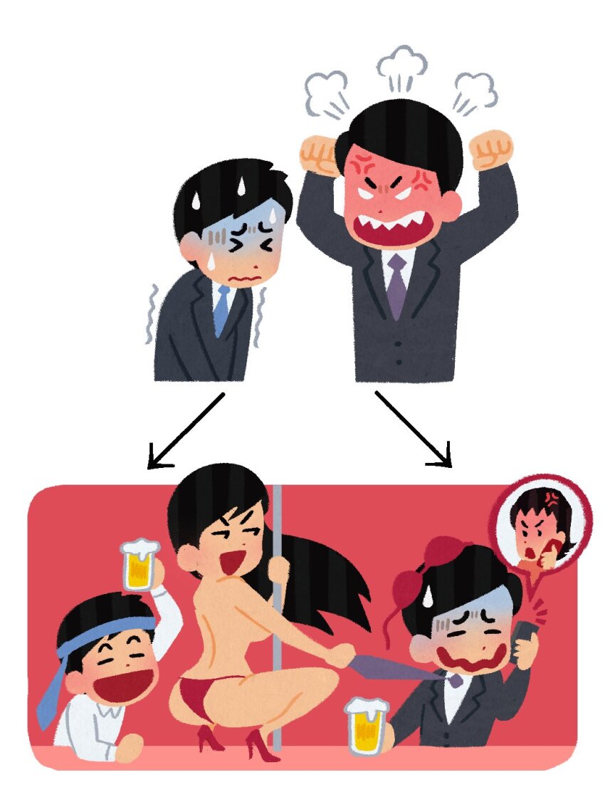 2boys, 2girls, alcohol, angry_boss_with_happy_family_irasutoyas_(meme), ass, atomiksaico, beer, black_hair, bra, commentary, english_commentary, gloom_(expression), high_heels, highres, long_hair, meme, mifune_takashi_(style), multiple_boys, multiple_girls, necktie_around_head, original, parody, pole_dancing, salaryman, sharp_teeth, simple_background, strip_club, style_parody, teeth, underwear, white_background