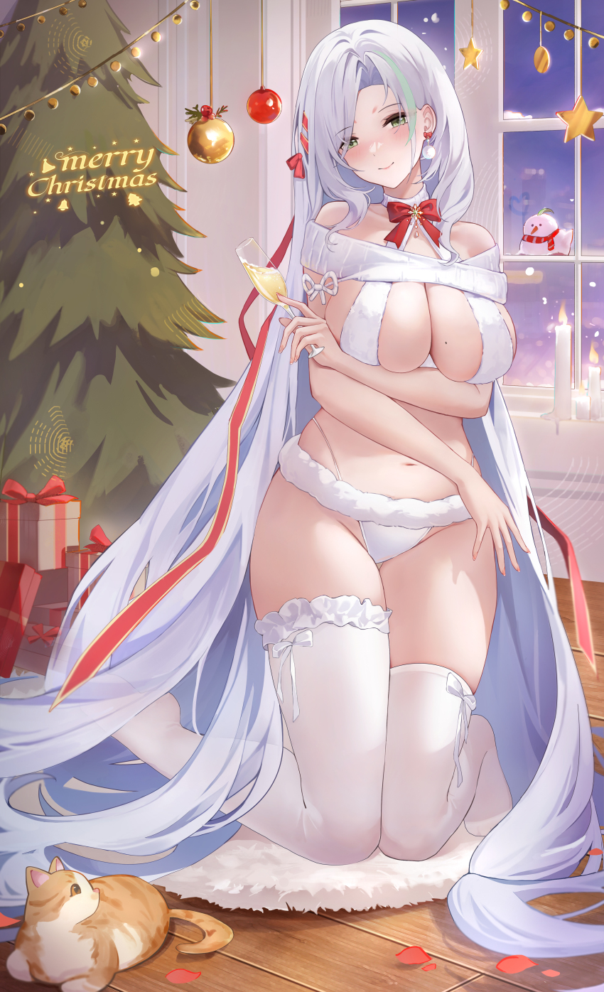 1girl, absurdres, alcohol, animal, arm_under_breasts, baige_chen, bare_shoulders, blush