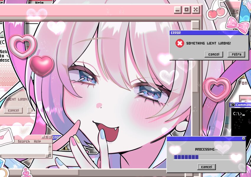 1girl, aqua_hair, babumi_roriko, blonde_hair, blush, cherry, chouzetsusaikawa_tenshi-chan, envelope, error_message, fang, food, fruit, hashtag-only_commentary, heart, highres, looking_at_viewer, multicolored_hair, multicolored_nails, nail_polish, needy_girl_overdose, open_mouth, pink_hair, twintails, window_(computing)