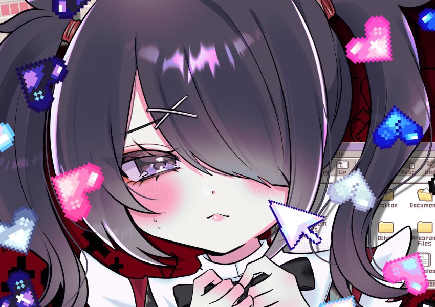 1girl, ame-chan_(needy_girl_overdose), babumi_roriko, black_eyes, black_hair, cursor, eyes_visible_through_hair, hair_ornament, hair_over_one_eye, hairclip, hashtag-only_commentary, heart, high_collar, highres, looking_at_viewer, needy_girl_overdose, pixel_heart, red_background, sweatdrop, twintails, window_(computing), x_hair_ornament