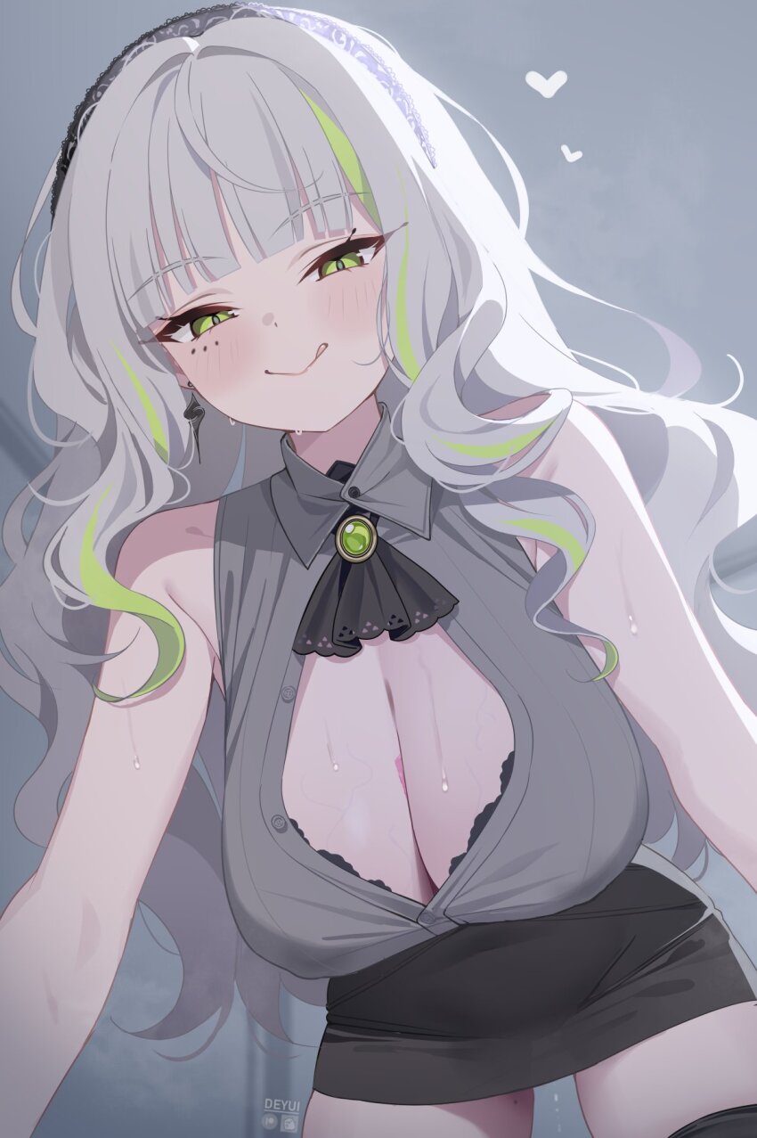 1girl, :q, ascot, bare_arms, black_ascot, black_bra, black_hairband, black_skirt, black_thighhighs, blunt_bangs, bra, bra_peek, breasts, brooch, cleavage, collared_shirt, commentary_request, covered_erect_nipples, deyui, earrings, firenze_(stella_sora), green_eyes, green_streaks, hairband, highres, jewelry, large_breasts, long_hair, looking_at_viewer, miniskirt, multicolored_hair, partially_unbuttoned, pencil_skirt, revision, see-through_clothes, see-through_skirt, shirt, shirt_tucked_in, sidelocks, skirt, sleeveless, sleeveless_shirt, smile, solo, stella_sora, streaked_hair, thighhighs, tongue, tongue_out, underwear, very_long_hair