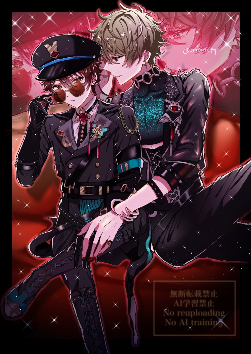 2boys, adjusting_eyewear, belt, belt_buckle, black_belt, black_boots, black_gloves, black_hat