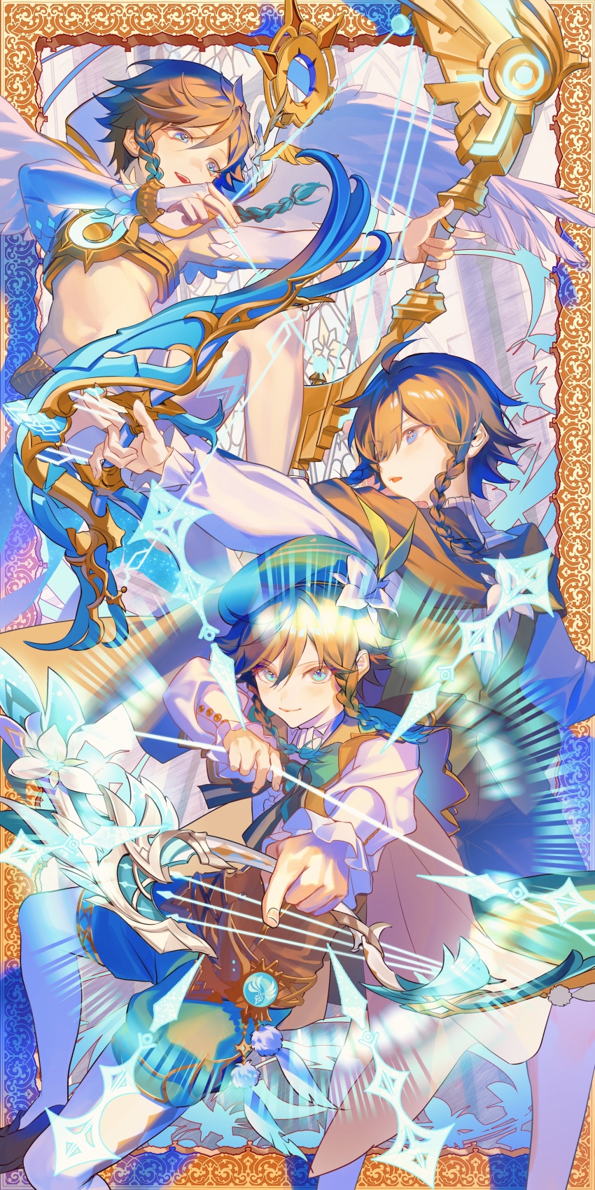 1boy, absurdres, aqua_eyes, armpits, bare_shoulders, beret, black_hair, bow_(weapon)