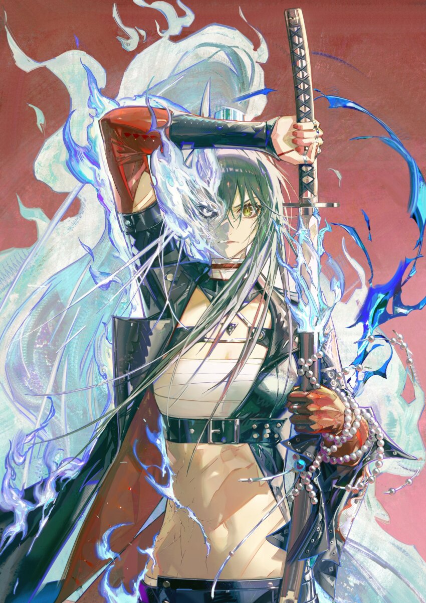 1girl, arknights, artist_request, character_request, fire, groin, navel, sarashi