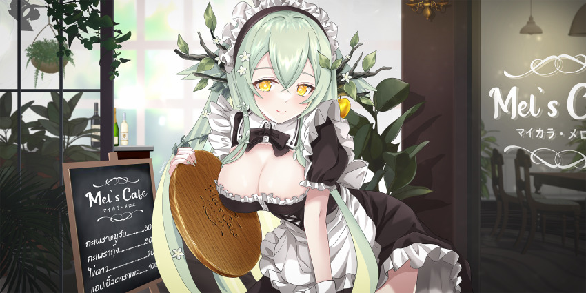 1girl, apron, black_dress, blush, bottle, branch, breasts, cafe, ceiling_light, chair, cleavage, closed_mouth, commentary, criss-cross_strings, dress, english_commentary, flower, flower-shaped_pupils, frilled_apron, frilled_dress, frilled_headwear, frills, glass, gradient_hair, green_hair, hair_between_eyes, hair_branch, hair_flower, hair_ornament, hanging_plant, highres, holding, holding_tray, indoors, kkz_(kkzirius), large_breasts, leaf_hair_ornament, leaning_forward, long_hair, looking_at_viewer, maid, maid_apron, maid_headdress, menu_board, multicolored_hair, mycara_melony, pixela_project, plant, potted_plant, short_sleeves, sidelocks, smile, solo, standing, symbol-shaped_pupils, table, thai_text, thighs, tray, very_long_hair, virtual_youtuber, white_apron, white_headdress, wooden_tray, yellow_eyes