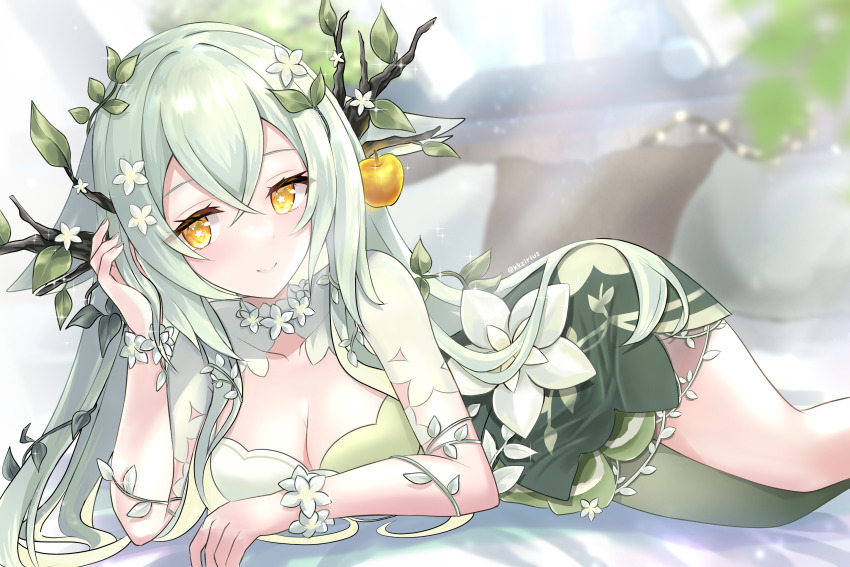 1girl, absurdres, apple, arm_rest, arm_vines, bed, bed_sheet, blurry