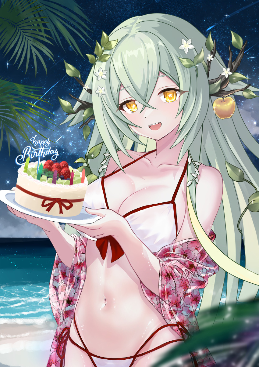 1girl, absurdres, apple, bare_shoulders, beach, bikini, blurry, branch