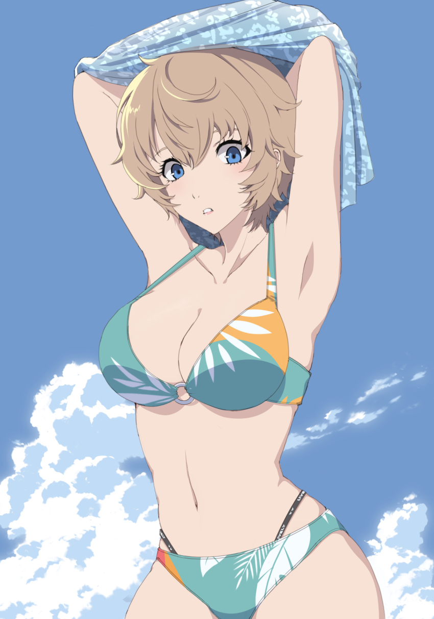 1girl, arai_motoha, armpits, arms_up, bare_shoulders, bikini, blue_eyes, blue_sky