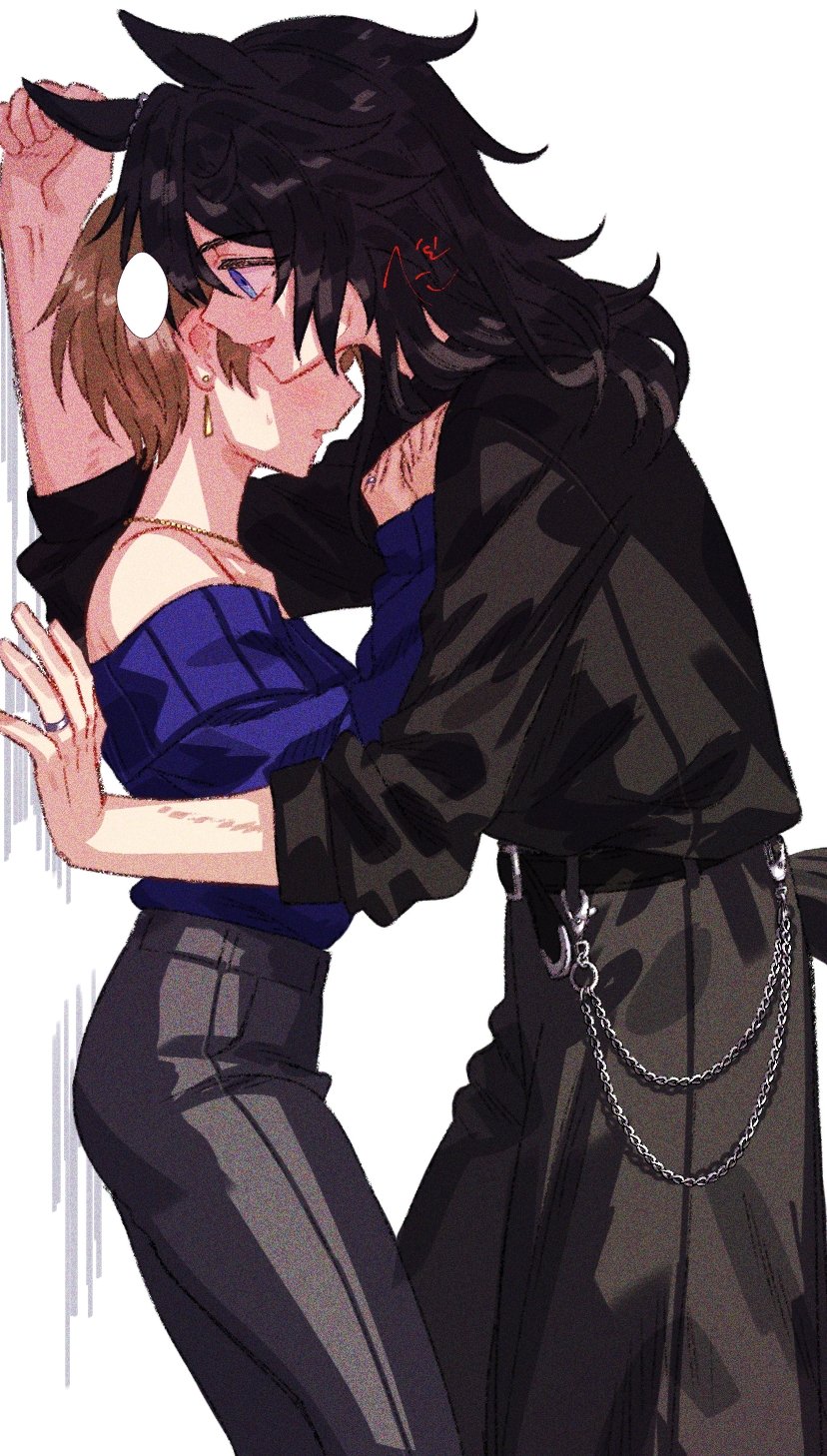 2girls, animal_ears, black_hair, black_pants, black_shirt, blue_sweater, brown_hair, character_request, commentary_request, earrings, fang, female_trainer_(umamusume), highres, horse_ears, horse_girl, jagaimobeniko, jewelry, long_hair, multiple_girls, necklace, off-shoulder_sweater, off_shoulder, open_mouth, pants, parted_lips, ring, shirt, short_hair, simple_background, smile, sweater, trainer_(umamusume), umamusume, wedding_ring, white_background, wife_and_wife, yuri