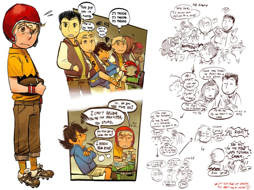 3girls, 5_(peanuts), 5boys, american_football_(object), american_football_helmet, ball, black_hair, blonde_hair