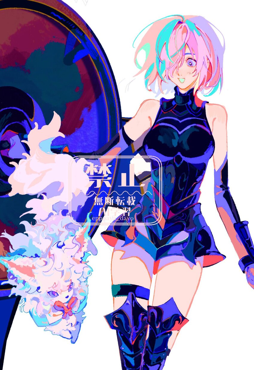 1girl, animal, bare_shoulders, belt, black_dress, dress, epaya_hakase, fate/grand_order