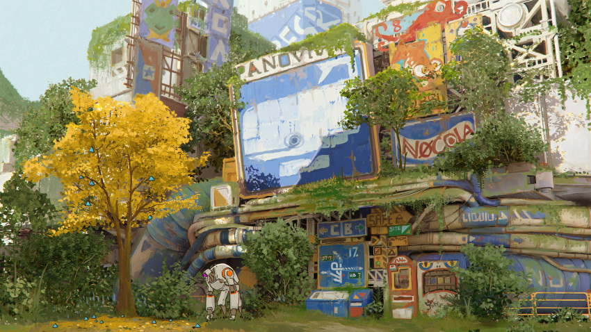 abandoned, absurdres, building, cheef0ng, commentary, day, english_commentary, highres, industrial_pipe, mecha, no_humans, original, outdoors, overgrown, robot, science_fiction, sign, tree