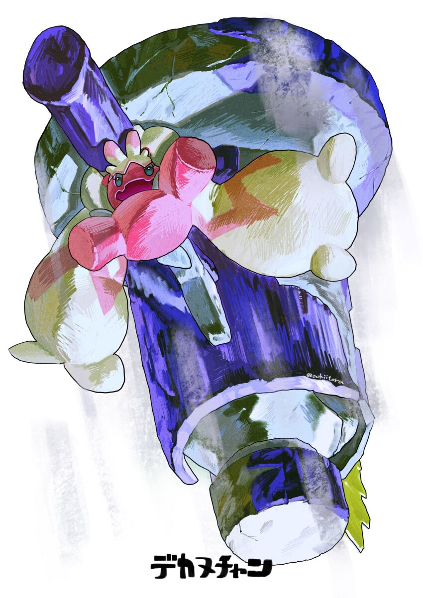 blue_eyes, character_name, colored_skin, commentary_request, full_body, hammer, highres, holding