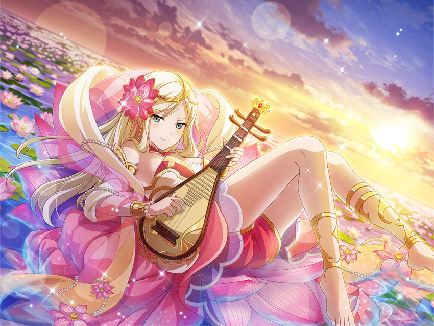1girl, barefoot, bead_bracelet, beads, benzaiten_(mythology), benzaiten_(mythology)_(cosplay), biwa_lute, blonde_hair, blue_eyes, bracelet, closed_mouth, cosplay, day, dress, earrings, flower, game_cg, hair_flower, hair_ornament, headpiece, instrument, japanese_mythology, jewelry, long_hair, looking_at_viewer, lotus, lute_(instrument), morning, multicolored_dress, music, official_art, pipa_(instrument), playing_instrument, reclining, red_dress, red_shorts, shawl, shorts, shoujo_kageki_revue_starlight, shoujo_kageki_revue_starlight_-re_live-, smile, solo, sun, water, yellow_shawl, yumeoji_fumi