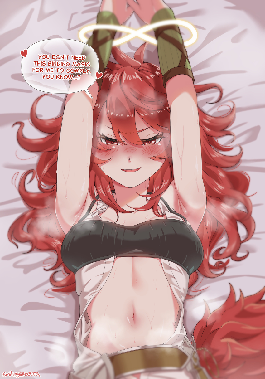 1girl, absurdres, arm_warmers, armpits, arms_up, bandeau, bare_shoulders, bed_sheet, belt, black_bandeau, blush, bound, bound_wrists, breasts, brown_belt, commentary, cowboy_shot, duel_monster, english_commentary, english_text, fang, green_arm_warmers, hair_between_eyes, heart, highres, hiita_(yu-gi-oh!), hiita_the_fire_charmer, long_hair, looking_at_viewer, medium_breasts, navel, nose_blush, open_clothes, open_mouth, red_eyes, red_hair, restrained, shirt, sidelocks, signature, sleeveless, sleeveless_shirt, smilingspectra, solo, speech_bubble, steaming_body, stomach, sweat, unbuttoned, unbuttoned_shirt, variant_set, white_shirt, yu-gi-oh!