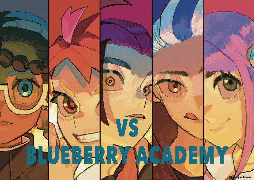 2girls, 3boys, amarys_(pokemon), arched_bangs, black_hair, blue_eyes, bolt_hair_ornament, brown_eyes