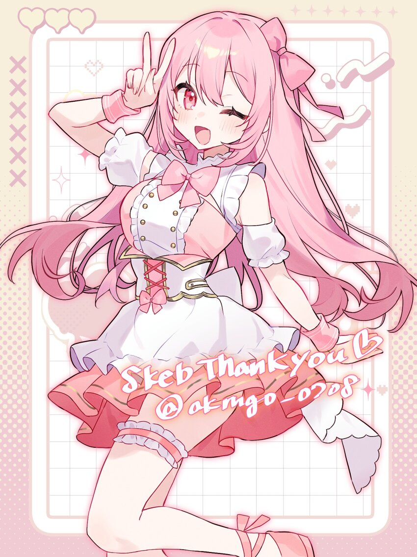 1girl, ;d, absurdres, aisaki_yuka, akrngo_0708, arm_up, blush, border