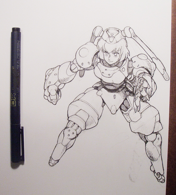 1girl, android, armor, arne_(android_arts), female_focus, ink, marina_liteyears, marker, monochrome, parody, robot, solo, style_parody, traditional_media, yuke_yuke!!_trouble_makers