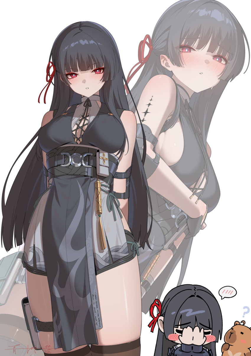 1girl, ?, bare_shoulders, black_dress, black_gloves, black_hair, black_shorts, blush
