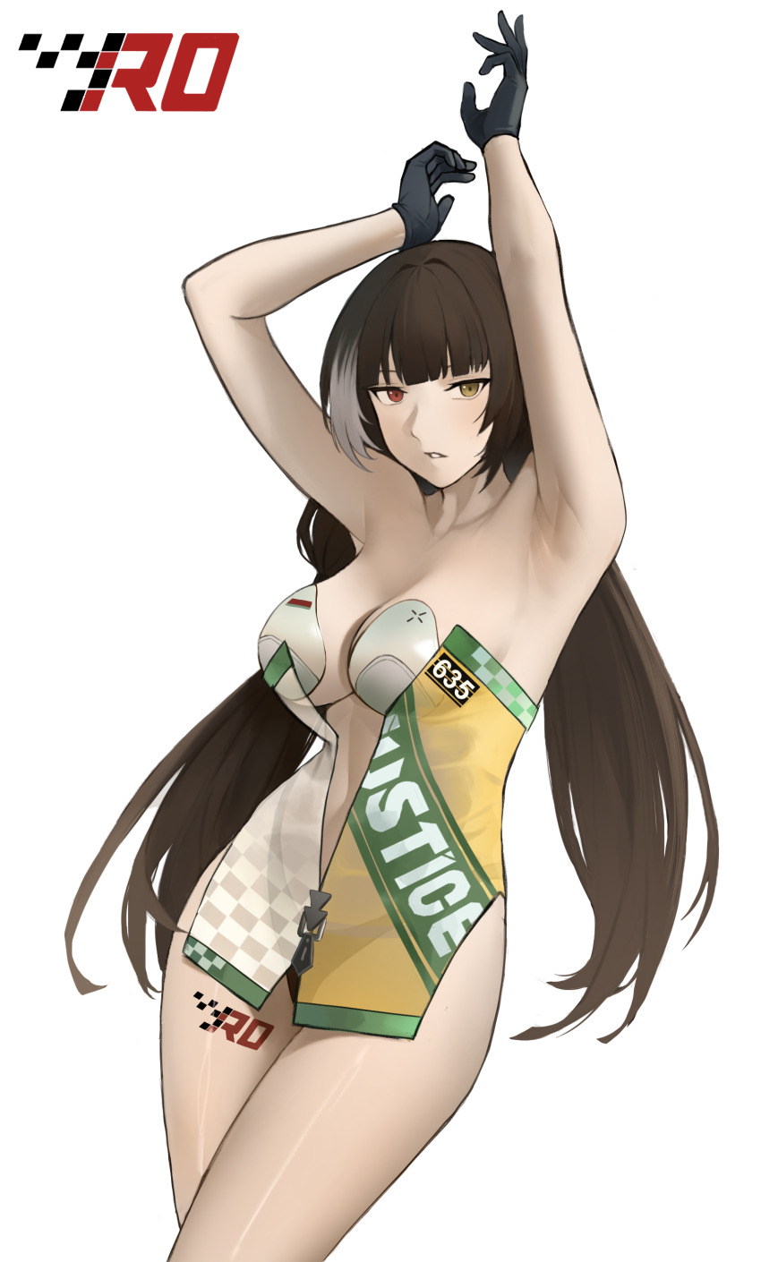 1girl, absurdres, arms_up, bare_shoulders, black_gloves, black_panties, breasts, brown_hair