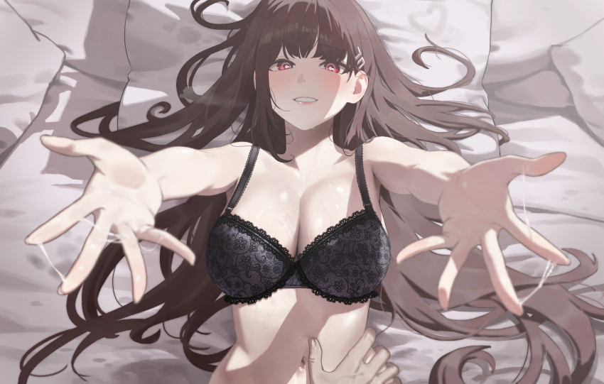 1boy, 1girl, black_bra, black_hair, blue_archive, blush, bra, breasts