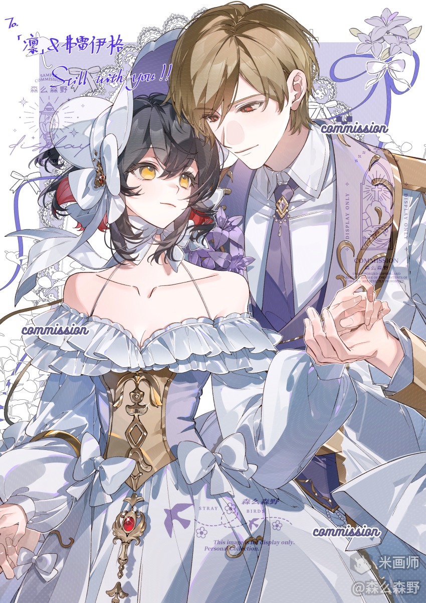 1boy, 1girl, absurdres, brown_hair, choker, collarbone, detached_sleeves, dress, fllayg_(yume-100), flower, hair_ornament, hetero, highres, jewelry, looking_at_viewer, oc_x_canon, off_shoulder, original, ribbon, senmesenye, white_dress, yume_oukoku_to_nemureru_100-nin_no_ouji-sama