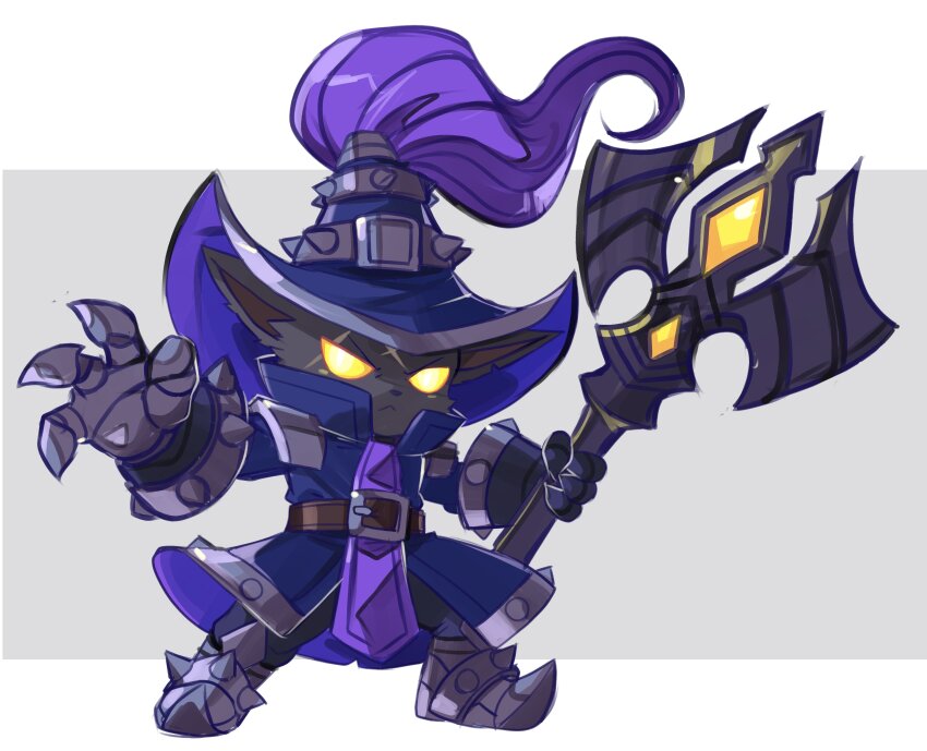 1boy, absurdres, animal_ears, animalization, black_fur, cat_ears, commentary, english_commentary, full_body, gauntlets, hat, highres, holding, holding_staff, league_of_legends, outstretched_arm, purple_hat, red_knight_(thescarlknight), scar, scar_across_eye, scar_on_face, spiked_greaves, staff, standing, veigar, witch_hat, yellow_eyes, yordle