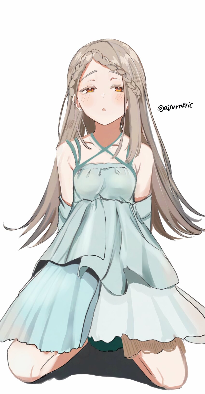 1girl, :o, absurdres, aiturmeric, arms_behind_back, blonde_hair, blush, braid