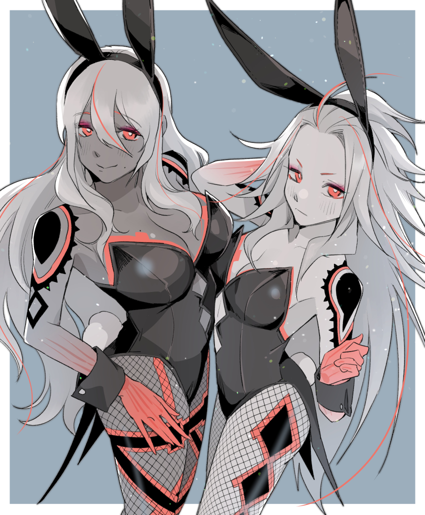 absurdres, ai_the_somnium_files, ai_the_somnium_files:_nirvana_initiative, aiba_(ai_the_somnium_files), animal_ears, bare_shoulders, blue_background, border, breasts, bright_pupils, cleavage, commentary_request, cowboy_shot, dark-skinned_female, dark_skin, fake_animal_ears, fishnet_pantyhose, fishnets, greyscale, greyscale_with_colored_background, hair_between_eyes, highres, large_breasts, leotard, long_hair, looking_at_viewer, medium_breasts, mole, mole_under_mouth, monochrome, multicolored_hair, ookutsuwa_waga, outside_border, pantyhose, playboy_bunny, rabbit_ears, rabbit_tail, red_eyes, red_streaks, smile, spot_color, strapless, strapless_leotard, streaked_hair, tail, tama_(ai_the_somnium_files), very_long_hair, white_border, white_pupils, wrist_cuffs