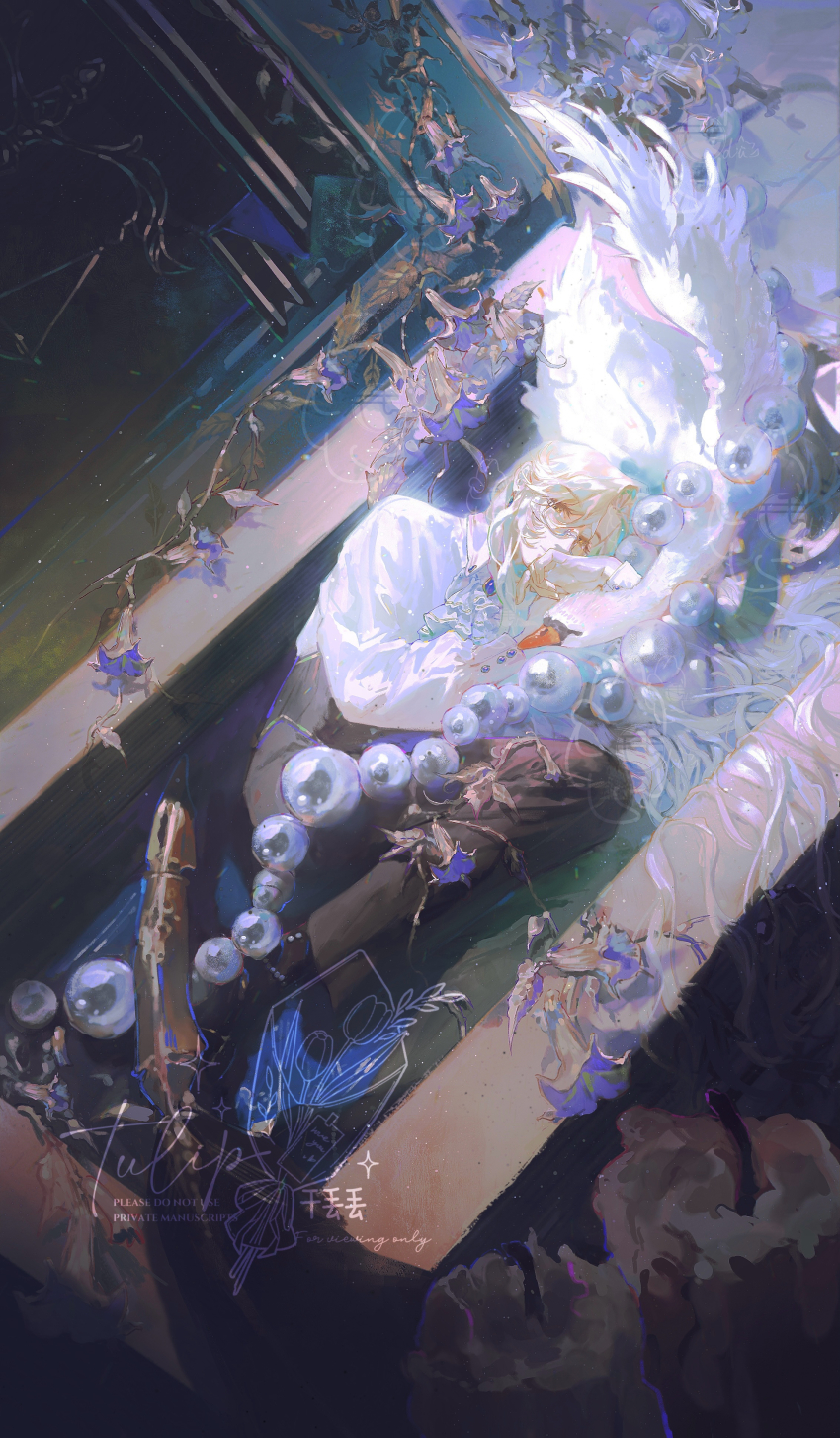 1boy, 2195305919, absurdres, angel's_trumpet, ascot, bird, black_corset, black_pants, black_shoes, blonde_hair, blue_flower, blue_gem, book, brooch, candle, chinese_commentary, closed_mouth, commentary_request, commission, corset, cuff_links, curtained_hair, earrings, expressionless, fetal_position, flower, full_body, gem, glasses, hair_between_eyes, hair_flowing_over, hand_to_own_mouth, highres, in_container, jewelry, long_hair, long_hair_between_eyes, long_sleeves, lord_of_the_mysteries, lying, male_focus, necklace, on_side, open_book, oversized_object, pants, pearl_necklace, plant, quill, semi-rimless_eyewear, shirt, shoes, sideways_glance, solo, swan, trunsoest_(lord_of_the_mysteries), under-rim_eyewear, unworn_jewelry, unworn_necklace, very_long_hair, vines, watermark, wavy_hair, white_ascot, white_shirt, yellow_eyes