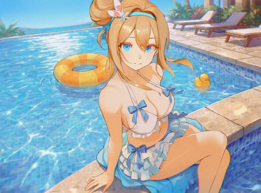 1girl, absurdres, beach_chair, bikini, blonde_hair, blue_eyes, blue_hairband, breasts