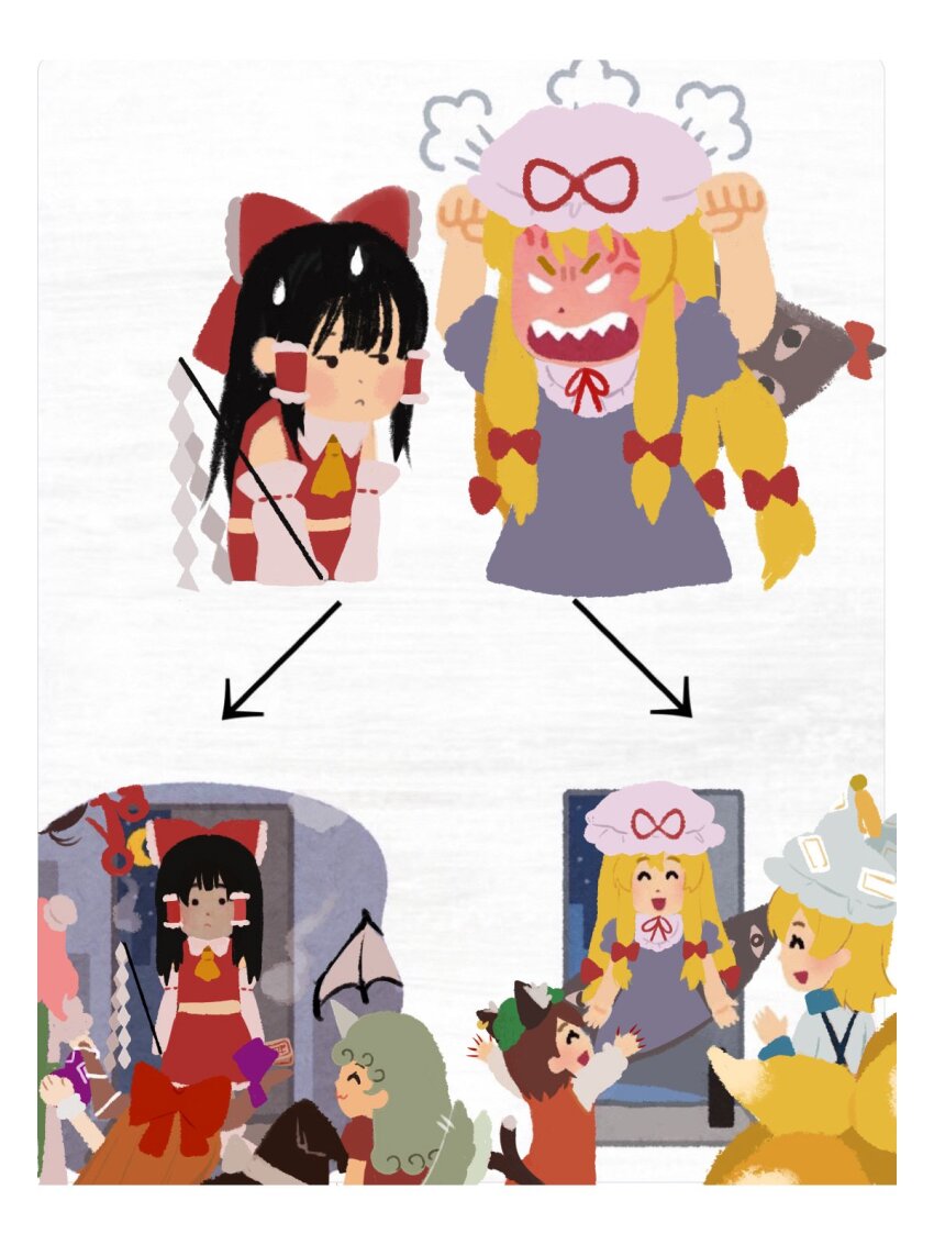 6+girls, ahoge, angry, angry_boss_with_happy_family_irasutoyas_(meme), animal_ear_fluff, animal_ears, apron, ascot