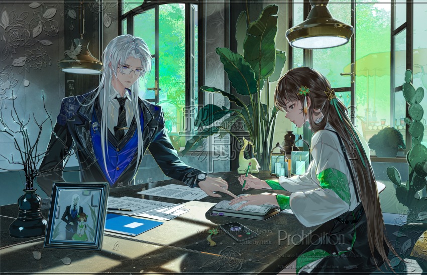 1boy, 1girl, absurdres, alternate_costume, belt, bespectacled, black_belt, black_jacket, black_necktie, black_skirt, blue_vest, book, branch, brown_eyes, brown_hair, cactus, candle, cellphone, cellphone_charm, charm_(object), chinese_commentary, collared_shirt, commentary_request, contemporary, cowboy_shot, curtained_hair, day, flower, folder, frilled_shirt_collar, frills, glasses, green_ribbon, green_sleeves, hair_between_eyes, hair_flower, hair_ornament, hair_ribbon, hairclip, half_updo, hanging_light, highres, holding, holding_pen, hua_yi_shanxin_zhiyue, incoming_call, indoors, iyi3d, jacket, lapels, ling_yan_ru, long_hair, long_sleeves, looking_at_object, looking_down, lotus_print, miniskirt, necktie, notched_lapels, notebook, open_book, open_window, paper, parted_bangs, parted_lips, pen, petals, phone, photo_(object), picture_frame, plant, pointing, potted_plant, profile, puffy_long_sleeves, puffy_sleeves, purple_eyes, ribbon, shirt, sidelocks_tied_back, sitting, skirt, smartphone, studying, suit_jacket, sunlight, suspender_skirt, suspenders, tassel, tassel_hair_ornament, teaching, the_princess_(hua_yi_shanxin_zhiyue), tie_clip, tree, two-tone_sleeves, upper_body, vase, very_long_hair, vest, watch, watermark, white_flower, white_hair, white_shirt, window, window_shadow, wristwatch, writing