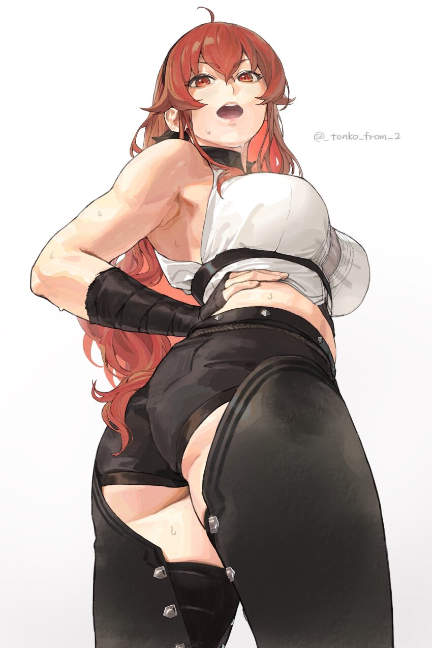 1girl, aged_up, ahoge, armpits, artist_name, ass, bare_shoulders, black_hairband