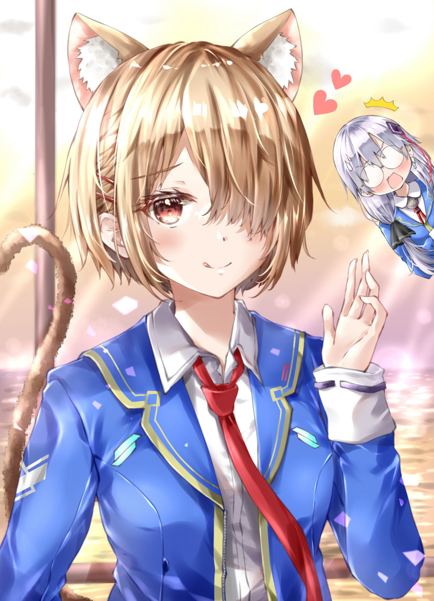 2girls, :q, ^^^, absurdres, animal_ear_fluff, animal_ears, ayaro_(genkiloobaii), blonde_hair