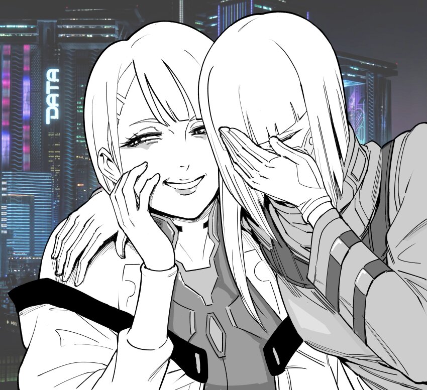 2girls, absurdres, bb_(baalbuddy), blunt_bangs, closed_eyes, commentary, covering_own_face, cyberpunk:_edgerunners