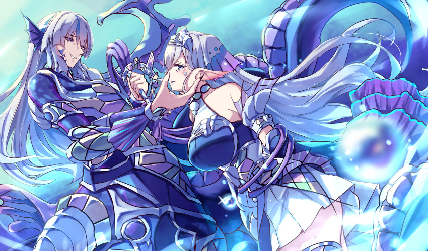 1boy, 1girl, absurdres, armor, bare_shoulders, blue_eyes, bound, bound_arms