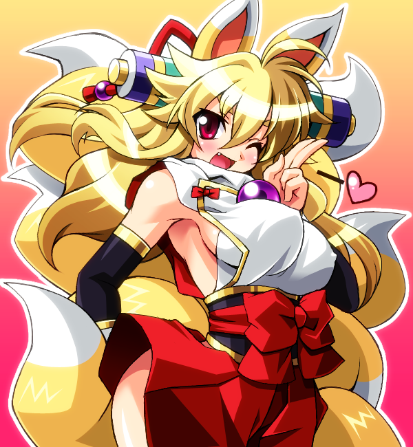 1girl, animal_ears, blonde_hair, blowing_kiss, breasts, chirorian, fang, female_focus