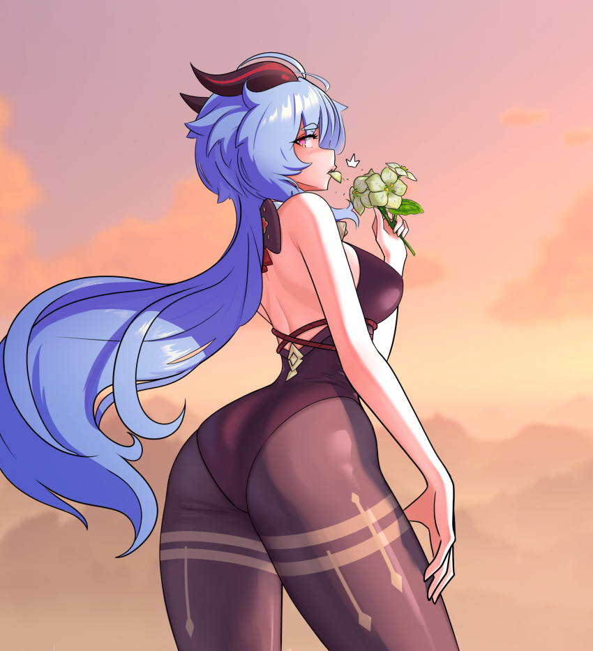 1girl, adapted_costume, ass, ass_focus, back, backless_leotard, bare_arms, bell