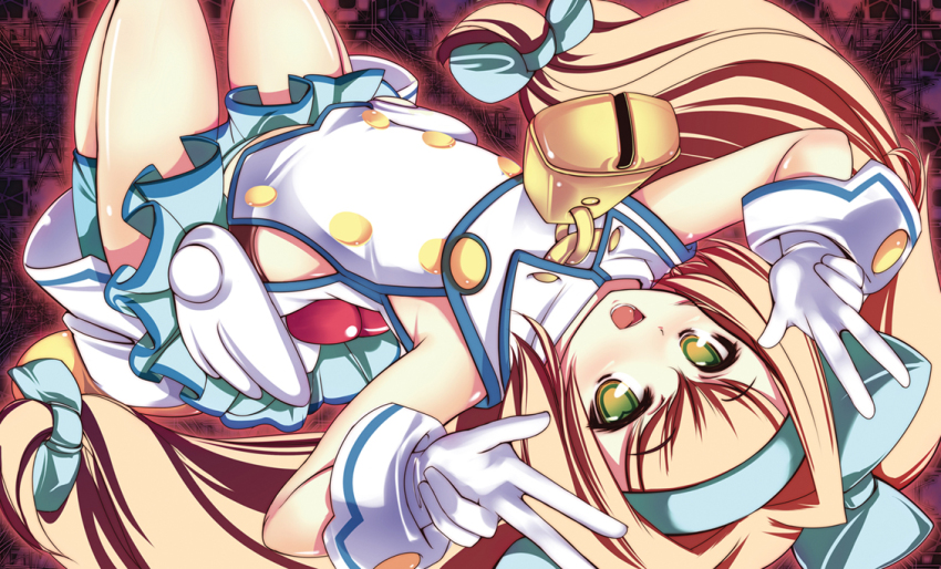 1girl, arc_system_works, bell, blazblue, blazblue:_continuum_shift, blonde_hair, double_v, female_focus, gloves, green_eyes, hair_intakes, hairband, long_hair, low-tied_long_hair, naaamo, open_mouth, platinum_the_trinity, quad_tails, ribbon, smile, solo, v