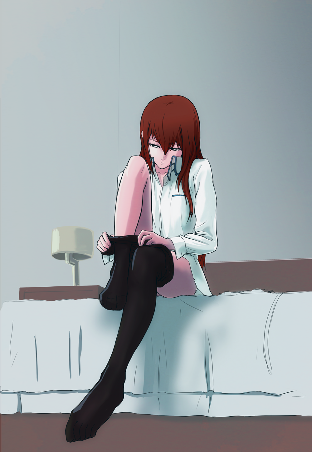 1girl, bed, black_pantyhose, breasts, commentary_request, full_body, highres, indoors