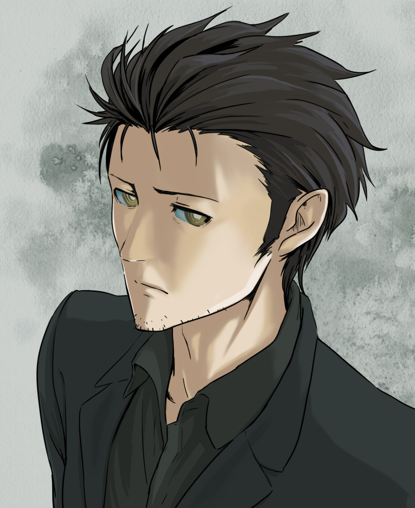 1boy, black_hair, black_jacket, black_shirt, closed_mouth, collared_shirt, commentary_request, facial_hair